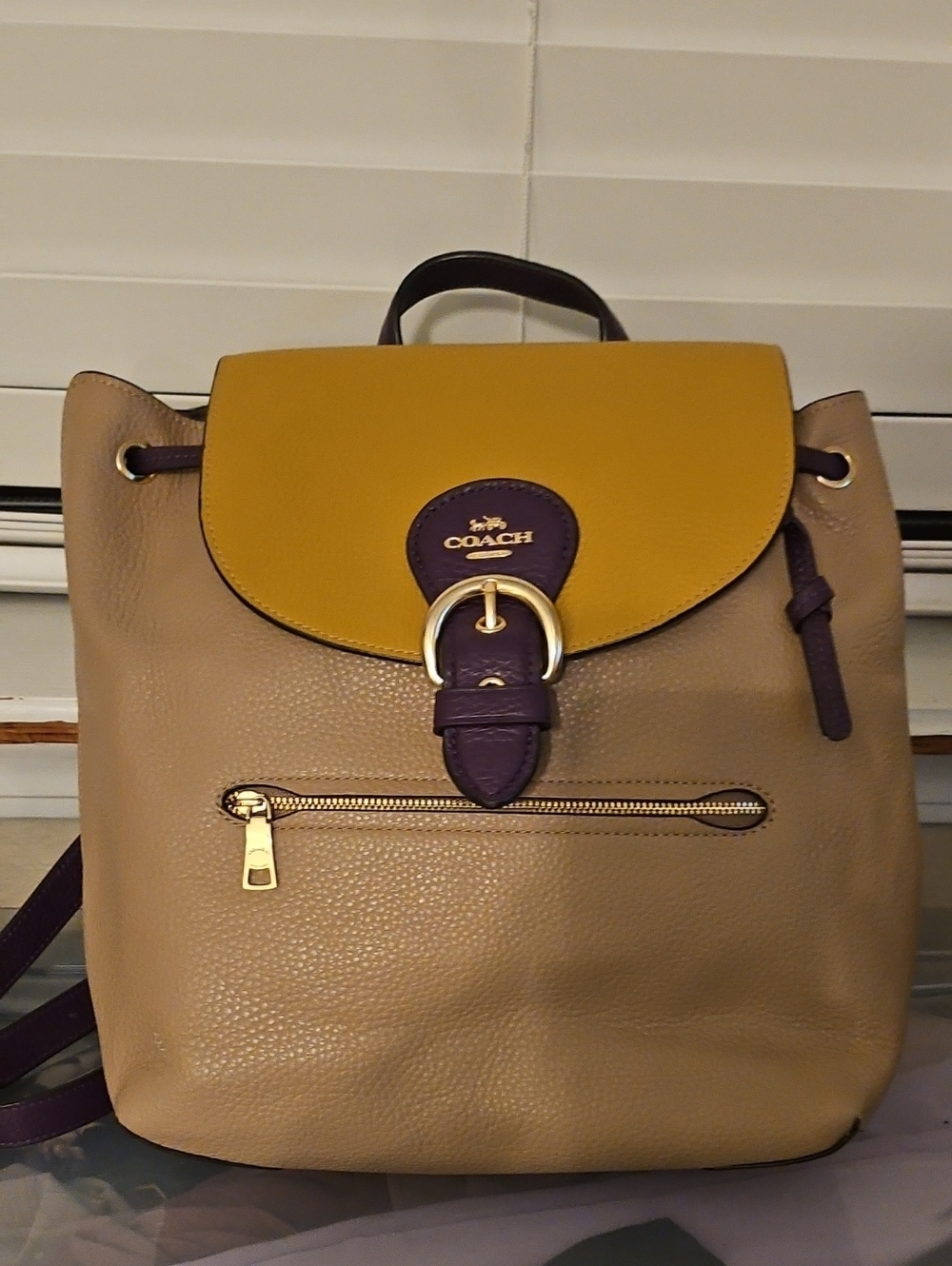 Coach Colorblock Pebbled Leather Backpack - Mustard, Taupe & Purple